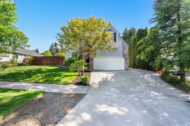view of property hidden behind natural elements featuring a garage, a front lawn, fence, brick siding, and concrete driveway