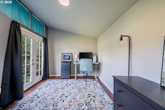 home office with baseboards, dark wood finished floors, french doors, and lofted ceiling