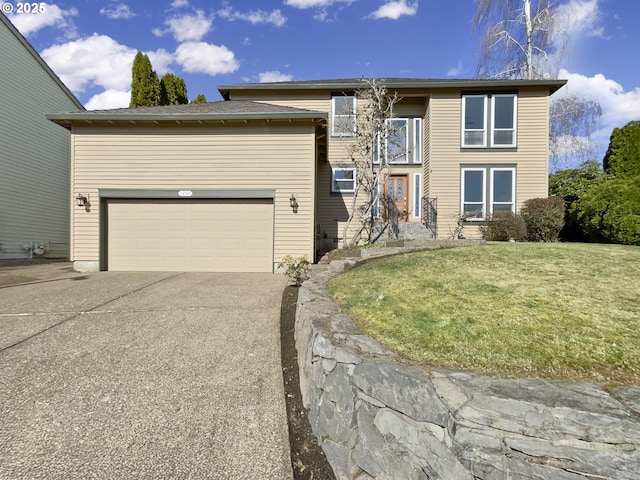 view of front of property featuring concrete driveway, a balcony, a garage, and a front lawn