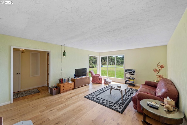 255 Coast Guard Hill Rd, Port Orford, OR 97465 - living room featuring baseboards, a textured ceiling, and wood finished floors