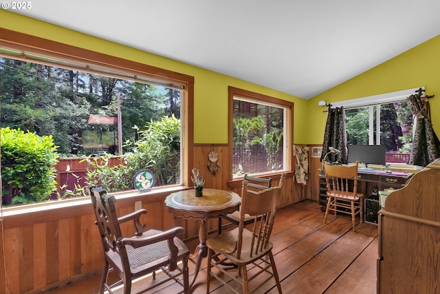91625 W Fork Rd, Deadwood, OR 97430 - dining area featuring healthy amount of natural light, wainscoting, vaulted ceiling, wood-type flooring, and wood walls