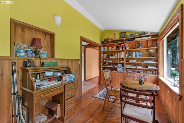 91625 W Fork Rd, Deadwood, OR 97430 - home office with vaulted ceiling, wainscoting, hardwood / wood-style flooring, and wood walls