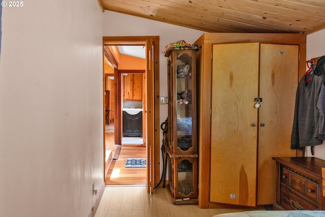 91625 W Fork Rd, Deadwood, OR 97430 - hall with lofted ceiling, light wood-style flooring, and wood ceiling