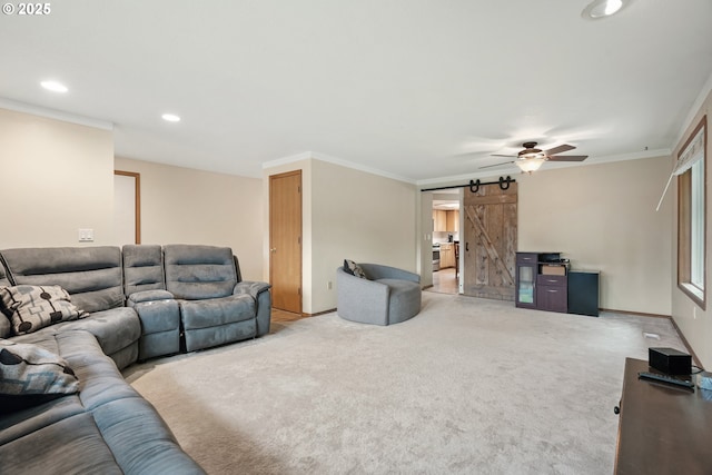 12705 NE 101st St, Vancouver, WA 98682 - living area featuring a barn door, light colored carpet, ceiling fan, crown molding, and recessed lighting
