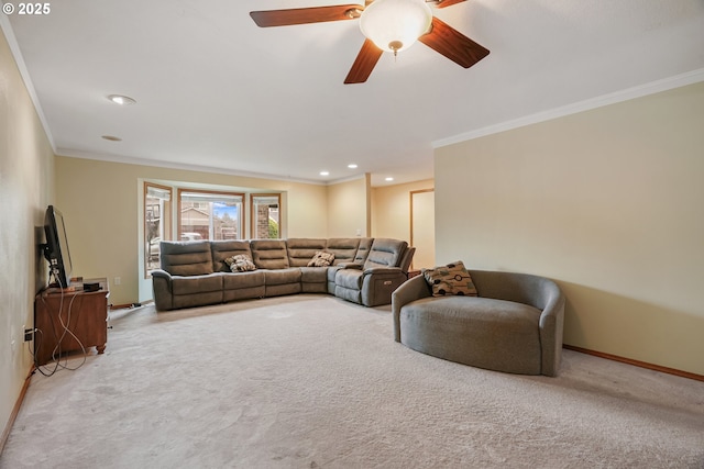 12705 NE 101st St, Vancouver, WA 98682 - living room with carpet, ornamental molding, baseboards, a ceiling fan, and recessed lighting