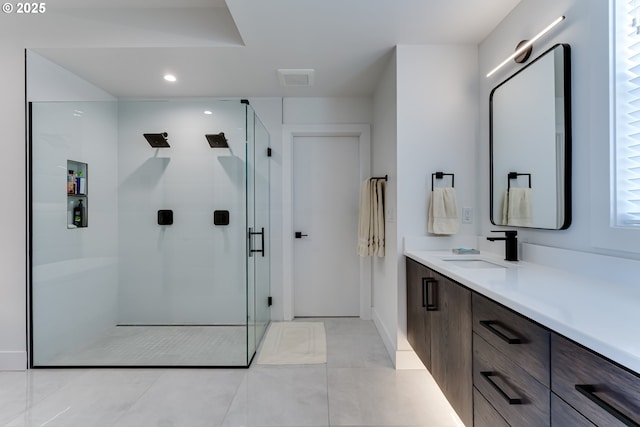 967 S 66th Pl, Springfield, OR 97478 - full bathroom featuring a shower stall, vanity, recessed lighting, and tile patterned flooring