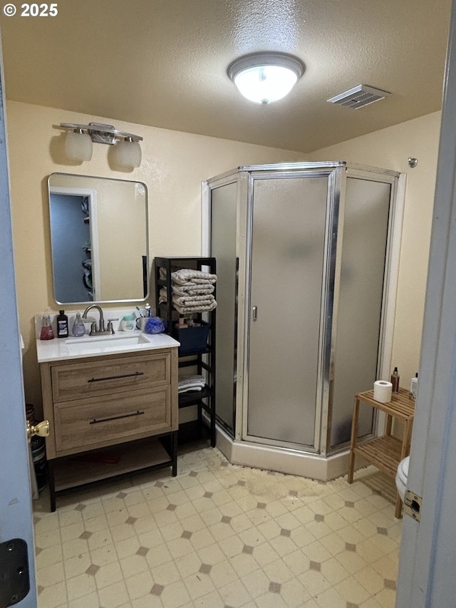 bathroom featuring vanity, a shower with shower door, and a textured ceiling