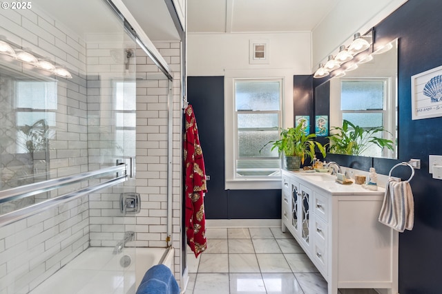 bathroom with vanity, visible vents, shower / bathtub combination, and marble finish floor