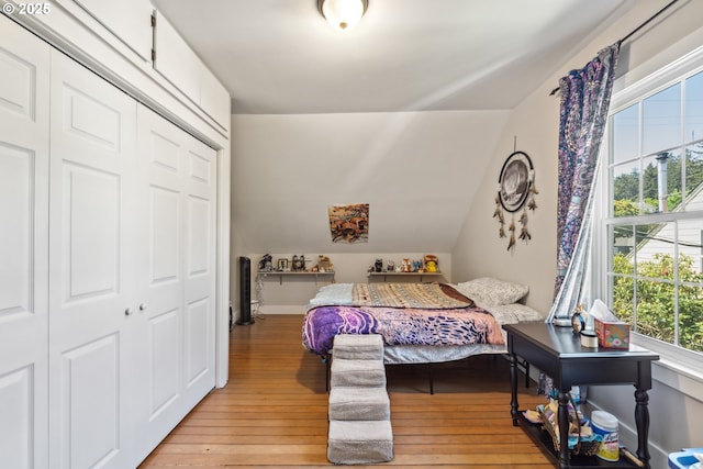 bedroom with light wood-style floors, vaulted ceiling, and a closet