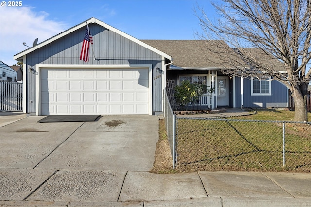 ranch-style home featuring a garage and a front yard