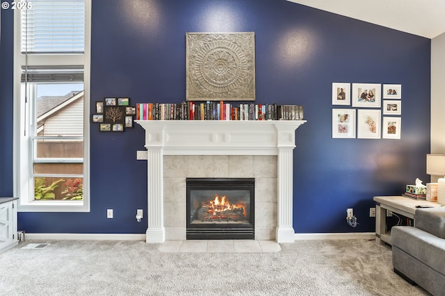 1393 NE 11th Ave, Canby, OR 97013 - living area featuring carpet flooring, a tile fireplace, and lofted ceiling