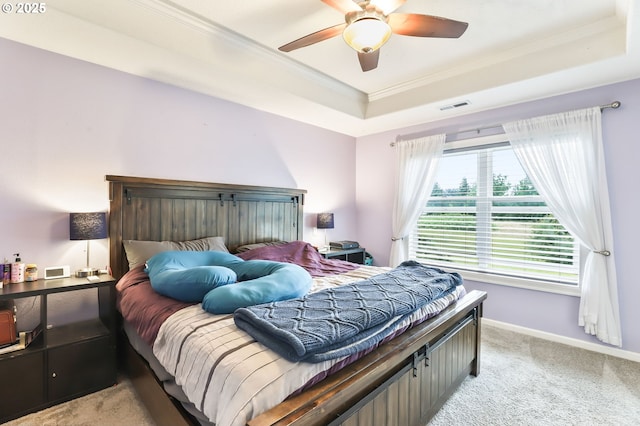 1393 NE 11th Ave, Canby, OR 97013 - bedroom featuring a raised ceiling, light colored carpet, crown molding, and a ceiling fan