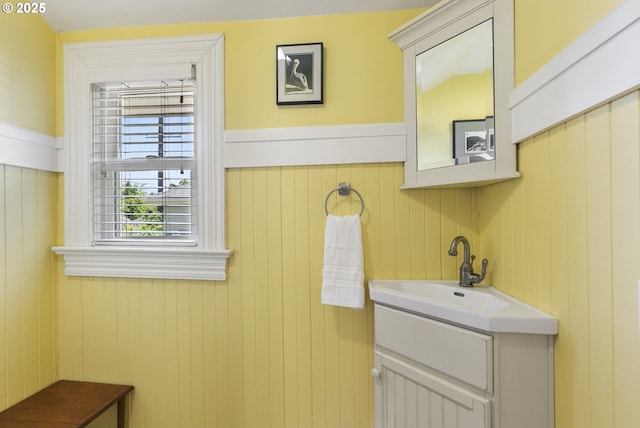 laundry area featuring a sink, a wainscoted wall, and wooden walls