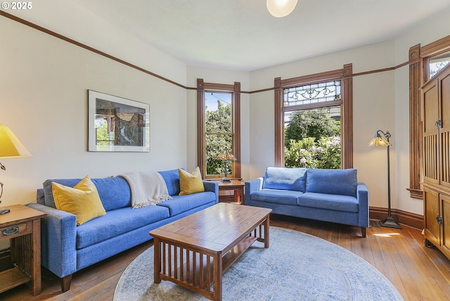 living area with hardwood / wood-style flooring, healthy amount of natural light, and baseboards