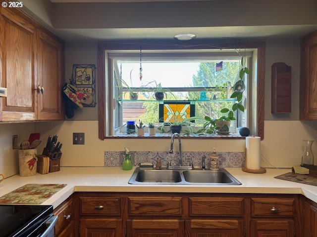 610 SE Maple St, Oakland, OR 97462 - kitchen with a sink, light countertops, plenty of natural light, and brown cabinets