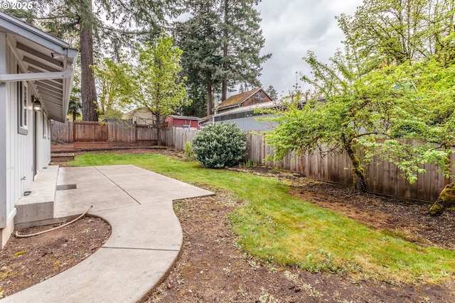 view of yard featuring a patio and a fenced backyard