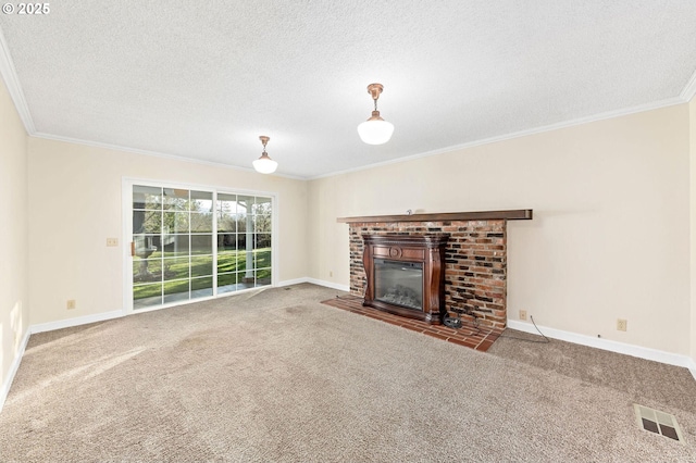 unfurnished living room featuring carpet floors, a brick fireplace, visible vents, and crown molding