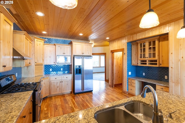 371 Summit Ridge Dr, The Dalles, OR 97058 - kitchen featuring appliances with stainless steel finishes, under cabinet range hood, a sink, light wood-type flooring, and backsplash