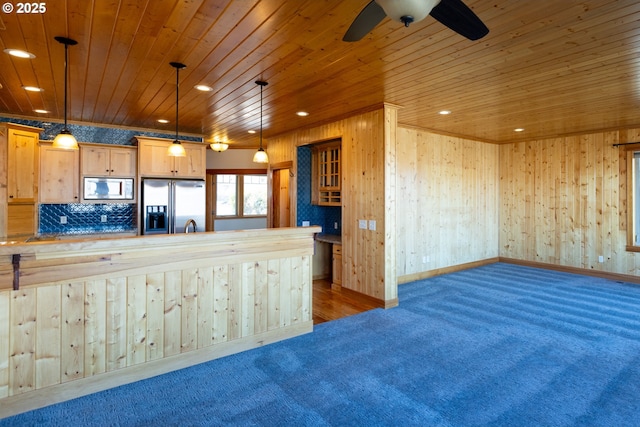 kitchen with carpet, stainless steel refrigerator with ice dispenser, recessed lighting, built in microwave, and wooden ceiling