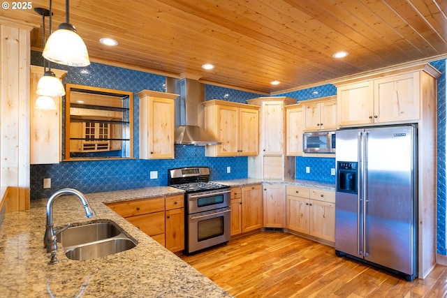 kitchen with wooden ceiling, appliances with stainless steel finishes, light brown cabinetry, wall chimney range hood, and a sink