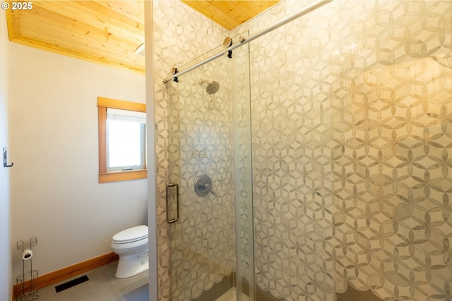 bathroom featuring a stall shower, wood ceiling, and visible vents