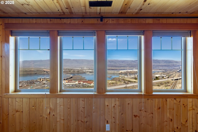 details featuring wood ceiling, wood walls, and a water and mountain view