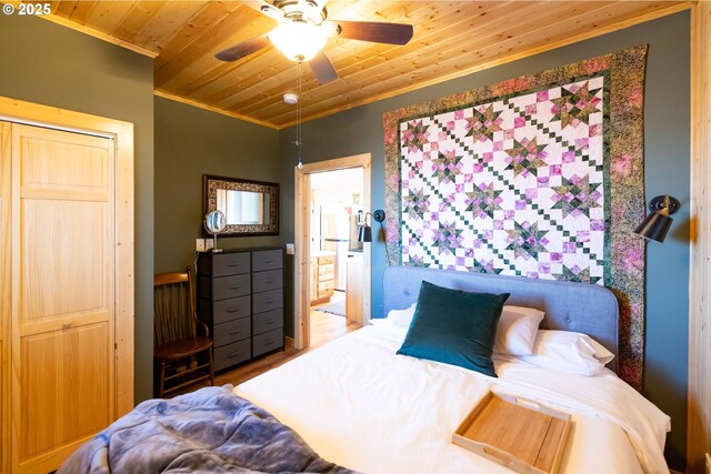 371 Summit Ridge Dr, The Dalles, OR 97058 - bedroom featuring ornamental molding, wooden ceiling, and a ceiling fan