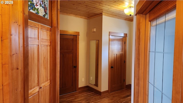 371 Summit Ridge Dr, The Dalles, OR 97058 - hallway featuring wood finished floors, crown molding, wood ceiling, and baseboards