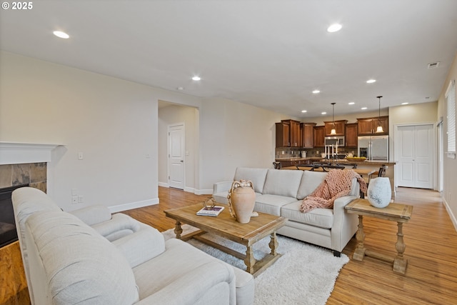 living room with a fireplace and light hardwood / wood-style flooring