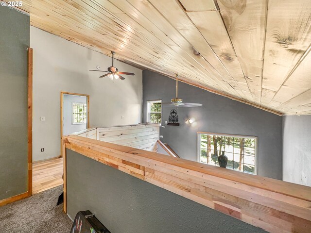 hallway featuring vaulted ceiling, plenty of natural light, carpet floors, an upstairs landing, and crown molding