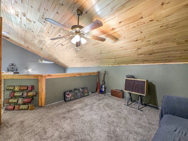 rec room with lofted ceiling, carpet flooring, wood ceiling, and ceiling fan