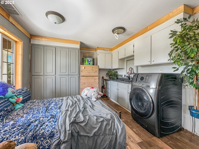 clothes washing area featuring cabinet space and dark wood-style floors