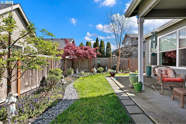 view of yard with a fenced backyard and a patio area