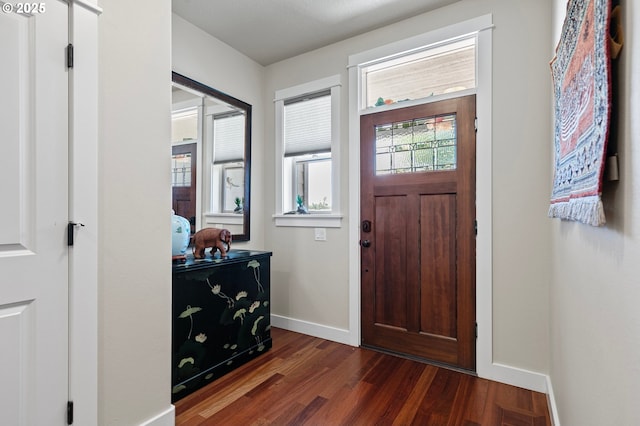 foyer with baseboards and dark wood-style flooring