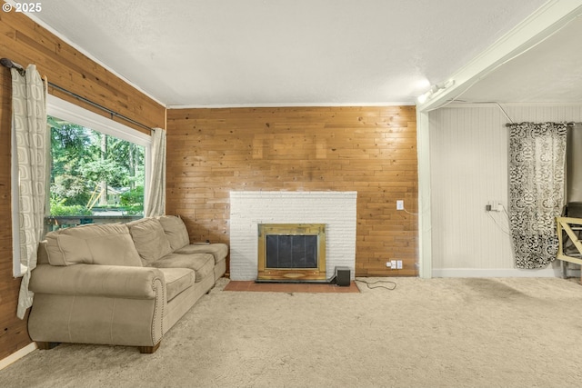 13307 SE Raymond St, Portland, OR 97236 - living room with wooden walls, baseboards, carpet floors, a brick fireplace, and a textured ceiling