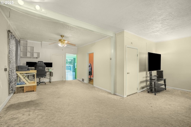 13307 SE Raymond St, Portland, OR 97236 - office area featuring a textured ceiling, carpet floors, baseboards, a ceiling fan, and crown molding