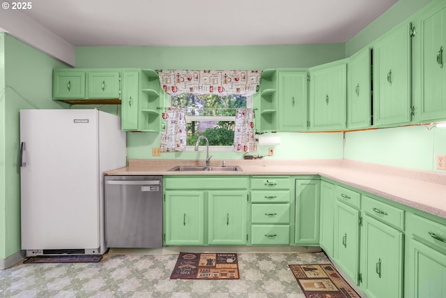 13307 SE Raymond St, Portland, OR 97236 - kitchen featuring stainless steel dishwasher, open shelves, freestanding refrigerator, and a sink