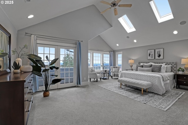 carpeted bedroom featuring recessed lighting and high vaulted ceiling