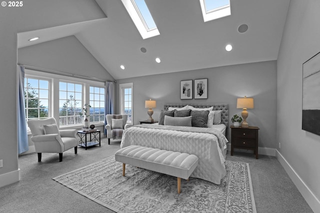 carpeted bedroom with high vaulted ceiling, recessed lighting, a skylight, and baseboards