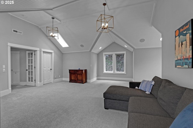 carpeted living area with visible vents, baseboards, a notable chandelier, and vaulted ceiling with beams