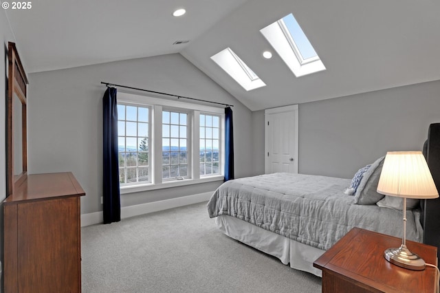 bedroom with visible vents, recessed lighting, baseboards, carpet flooring, and lofted ceiling