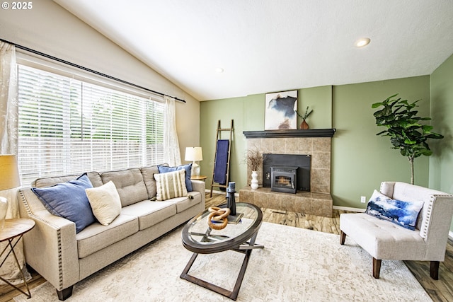 5354 Cody Ave, Eugene, OR 97402 - living room with wood finished floors, lofted ceiling, recessed lighting, and a fireplace
