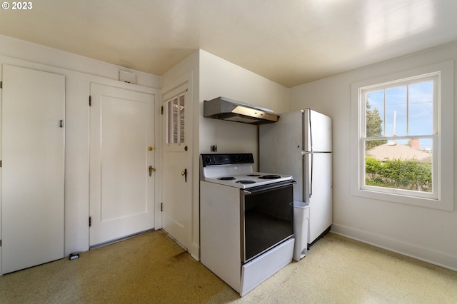 3148 Willamette St, Eugene, OR 97405 - kitchen with white appliances, under cabinet range hood, and baseboards