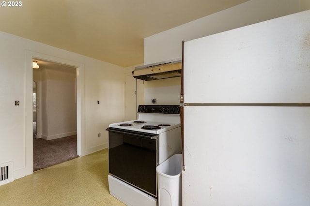 3148 Willamette St, Eugene, OR 97405 - kitchen with white appliances, under cabinet range hood, and baseboards