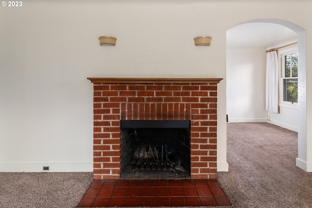 3148 Willamette St, Eugene, OR 97405 - detailed view of carpet floors, arched walkways, a fireplace, and baseboards