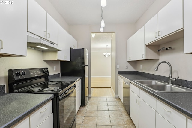 kitchen featuring black range with electric stovetop, stainless steel dishwasher, white cabinets, a sink, and under cabinet range hood