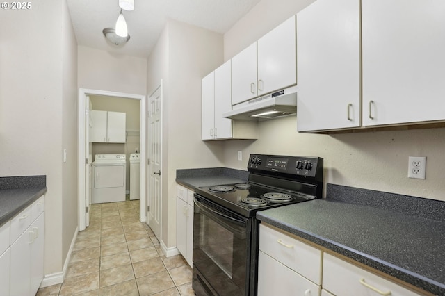 kitchen featuring washer and clothes dryer, dark countertops, white cabinets, under cabinet range hood, and black / electric stove