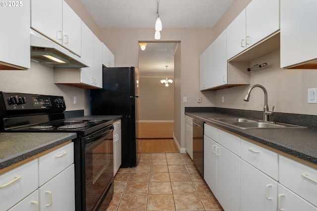 kitchen featuring black range with electric cooktop, dishwasher, sink, and white cabinets