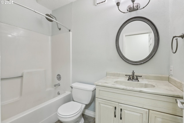 full bath featuring shower / tub combination, vanity, toilet, and baseboards