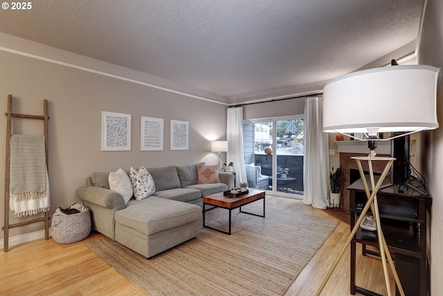 living room featuring wood-type flooring and a textured ceiling